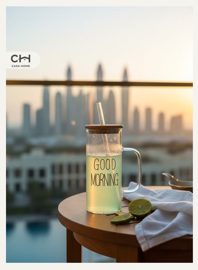 CASA HOME Good Morning Bamboo Lid Glass Mug With Glass Straw - Image 2